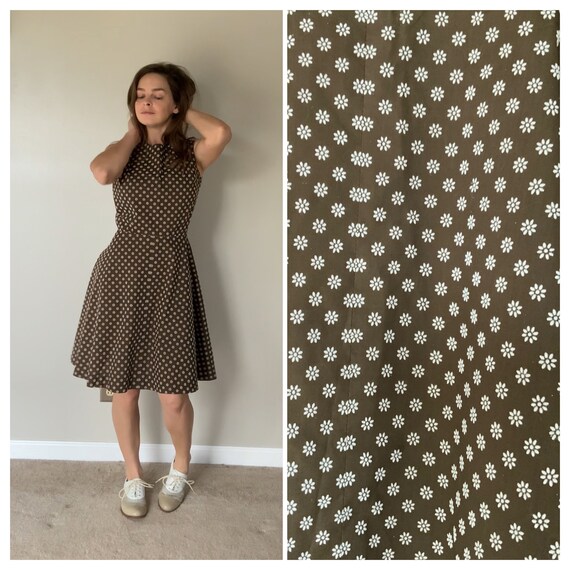 1960’s Brown Flocked Floral Dress Fit and Flare 60