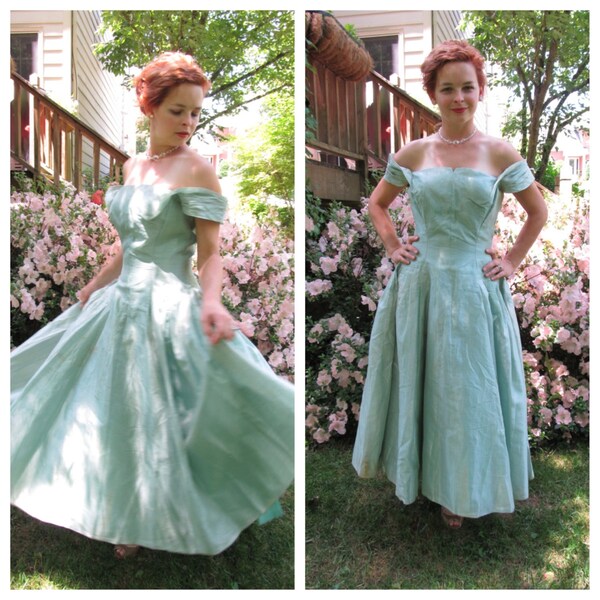 Mint Green 1950's Silk Ball Gown Fit and Flare 1950's Dress