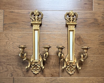 Vintage Ornate Double Candle Syroco Gold Candle Wall Sconce Pair Hollywood Regency Boudoir Style