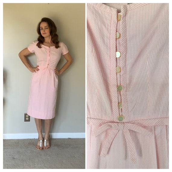 Vintage 1950’s Pink Seersucker Dress 50’s Cotton W
