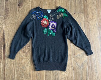 1980’s Beaded Sequin Sweater Black Slouchy Jumper 80’s