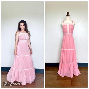 Vintage 1970’s Pink Cotton Prairie Maxi Dress 70’s Cottagecore Sundress Summer Dress