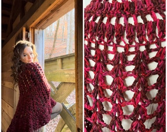 Vintage Burgundy Crochet Cape Poncho Handmade