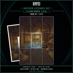 May include: A digital download template for a 9-card binder featuring Wimpod inspired extended art. The layout includes a grid overlay for an 8x10 display, with text labels for Paradox Rift 191/182, standard 63 x 88 mm, and vault 66 x 94 mm sizes.