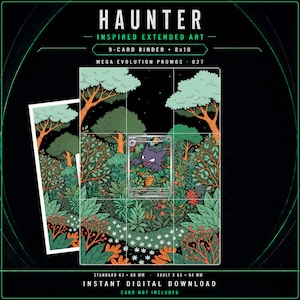 May include: A Haunter inspired extended art 9-card binder and 8x10 print set featuring a dark forest illustration with orange trees and green foliage. The text reads HAUNTER, INSPIRED EXTENDED ART, 9-CARD BINDER + 8x10, MEGA EVOLUTION PROMOS 027.