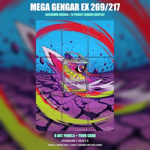 May include: A Mega Gengar EX 269/217 Ascended Heroes 9-pocket binder display featuring 8 art panels and a central trading card slot. The artwork displays a purple creature against a cracked purple ground and blue sky with red and yellow swooshes.