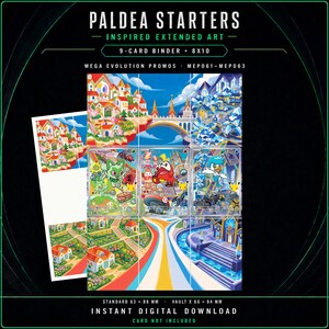 May include: A digital download featuring Paldea Starters inspired extended art for a 9-card binder and 8x10 display. The graphic includes colorful illustrations of cartoon creatures in a fantasy town setting with text reading Paldea Starters.