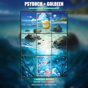 Könnte beinhalten: Ein 9-Karten-Ordner-Display mit erweiterter Kunst von Enton und Goldini. Die mittlere obere Karte zeigt ein gelbes Enton im Wasser, die mittlere untere Karte ein weiß-rotes Goldini. Der Text lautet PSYDUCK + GOLDEEN und 3 CARD SIZES INCLUDED.