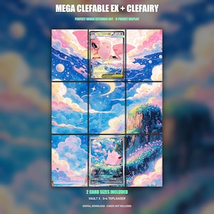 Può includere: Un espositore a 9 tasche con carte collezionabili Mega Clefable EX e Clefairy con arte estesa. L'illustrazione mostra una creatura rosa in un cielo notturno con nuvole, stelle e una luna crescente. Il testo include MEGA CLEFABLE EX + CLEFARY, PERFECT ORDER EXTENDED ART - 9-POCKET DISPLAY, 2 CARD SIZES INCLUDED, VAULT X - 3x4 TOPLOADER e DIGITAL DOWNLOAD - CARDS NOT INCLUDED.