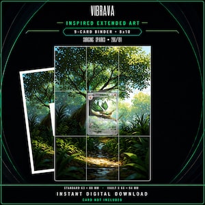 May include: A digital download featuring Vibrava inspired extended art for a 9-card binder and 8x10 display. The artwork depicts a lush forest path with a central creature illustration. Text includes VIBRAVA, INSPIRED EXTENDED ART, 9-CARD BINDER + 8x10, SURGING SPARKS, 206/191, STANDARD 63 x 88 MM, VAULT X 66 x 94 MM, INSTANT DIGITAL DOWNLOAD, and CARD NOT INCLUDED.