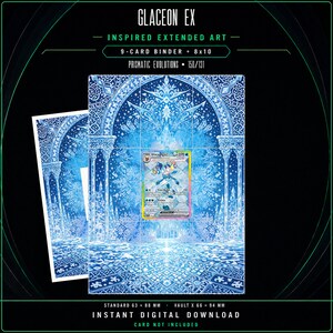 Könnte beinhalten: Ein digitaler Download für eine 9-Karten-Ordner-Einlage im Glaceon EX inspirierten Extended-Art-Stil, 20,32 x 25,4 cm groß. Das Design zeigt ein blau-weißes, eisiges Architekturmuster mit einem Platz für eine Karte. Text: Glaceon EX.