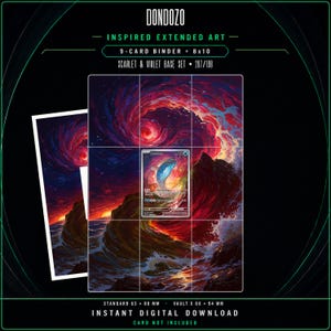 Könnte beinhalten: Ein digitaler Download mit Dondozo-inspirierter erweiterter Kunst für einen 9-Karten-Ordner und einen 8x10-Druck. Das Bild zeigt einen wirbelnden roten und blauen kosmischen Ozean mit einem zentralen Kartenschlitz. Text: Dondozo, Scarlet & Violet 207/198.