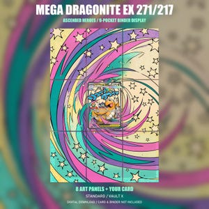 Op de afbeelding: Een 9-vaks ordner display kunstpaneelset met een kleurrijke achtergrond in stripstijl met wervelende roze, groenblauwe en gele sterpatronen. De tekst luidt MEGA DRAGONITE EX 271/217, ASCENDED HEROES / 9-POCKET BINDER DISPLAY, 8 ART PANELS + YOUR CARD.
