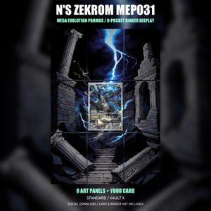 Puede incluir: Una pantalla digital con N'S ZEKROM MEP031 MEGA EVOLUTION PROMOS / 9-POCKET BINDER DISPLAY. La ilustración muestra una estructura de piedra oscura en ruinas con columnas y un cielo con rayos. Texto: 8 ART PANELS + YOUR CARD, STANDARD / VAULT X.