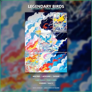 Peut inclure: Un présentoir pour classeur à 9 pochettes avec le texte LEGENDARY BIRDS 30TH CELEBRATION. Il comprend six panneaux artistiques et trois cartes à collectionner de Zapdos, Articuno et Moltres sur un fond de nuages stylisés aux teintes bleues, rouges et jaunes.