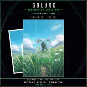 May include: A digital download featuring Golurk inspired extended art for a 9-card binder and 8x10 print. The design displays a grassy field with white flowers, mountains, and a blue sky. Text includes GOLURK, INSPIRED EXTENDED ART, 9-CARD BINDER + 8x10, BLACK BOLT, 123/086, and STANDARD 63 x 88 MM, VAULT X 66 x 94 MM.
