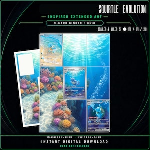 May include: A Squirtle Evolution inspired extended art 9-card binder display with an 8x10 print. The design features a blue underwater coral reef scene with Squirtle, Wartortle, and Blastoise cards. Text includes Scarlet & Violet 151 170/171/200.