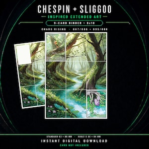 Peut inclure: Un téléchargement numérique présentant un art étendu inspiré de Chespin et Sliggoo pour un classeur de 9 cartes et un format 8x10. L'illustration montre une forêt luxuriante avec un ruisseau, des arbres moussus et des fleurs roses. Texte : "CHESPIN + SLIGGOO".