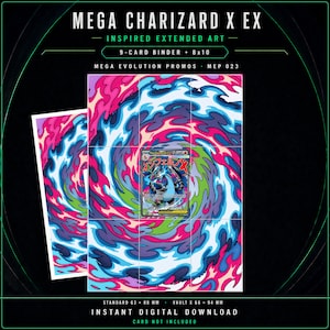 Può includere: Un inserto per raccoglitore da 9 carte ispirato a Mega Charizard X EX che misura 20,32 x 25,4 cm. Il design presenta un vivace motivo vorticoso di fiamme rosa, blu e verdi. Una singola carta collezionabile è centrata sul grafico a griglia.