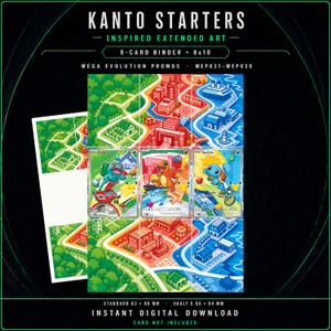 Puede incluir: Una impresión digital con arte extendido inspirado en Kanto Starters para una carpeta de 9 cartas y pantalla 8x10. El gráfico muestra un mapa dividido en zonas verdes, rojas y azules con ilustraciones de Bulbasaur, Charmander y Squirtle. El texto incluye KANTO STARTERS, MEGA EVOLUTION PROMOS y MEP037-MEP039.