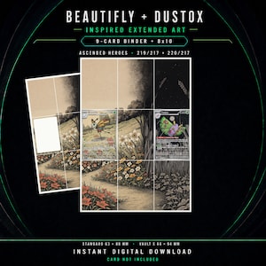 Pode incluir: Download digital com arte estendida inspirada em Beautifly e Dustox para fichário de 9 cartas e impressão 8x10. A imagem mostra um caminho entre flores com duas cartas integradas. Texto: Beautifly + Dustox, Inspired Extended Art, 9-Card Binder + 8x10, Ascended Heroes, 219/217 + 220/217, Standard 63 x 88 mm, Vault X 66 x 94 mm, Instant Digital Download.