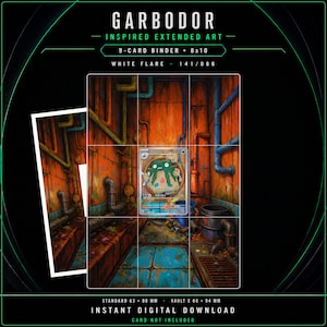 May include: A digital download featuring Garbodor inspired extended art for a 9-card binder and 8x10 display. The artwork depicts a green creature in a rusty industrial setting with orange walls, blue pipes, and a floor drain. Text includes Garbodor, White Flare, and 141/086.