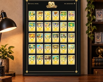Pikachu-Sammelkarten-Display zum 30. Jubiläum (druckbar), 30-Karten-Layout, 50 x 70 cm & 20 x 28 Zoll, Schwarz-Goldenes Pokémon-Sammelposter (PDF/PNG)