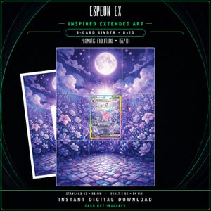 Puede incluir: Impresión 8x10 de arte extendido inspirado en Espeon EX para carpeta de 9 cartas, con luna llena sobre un campo de flores moradas y camino de piedra. Incluye gráfico central de Espeon EX, etiquetas de texto y medidas de 63 x 88 mm y 66 x 94 mm.