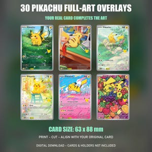 Kaartoverlays ter ere van het 30-jarig jubileum van Pikachu, 30 ontwerpen met volledige illustraties, Cricut Print Then Cut PNG-bestanden, A4- en US Letter-PDF's.