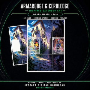 May include: Armarouge & Ceruledge inspired extended art 9-card binder and 8x10 print set. The design features a cobblestone path leading to a white building under a blue sky. Text includes SV BASE, SURGING SPARKS, 203/198, 197/191, and 63 x 88 mm.