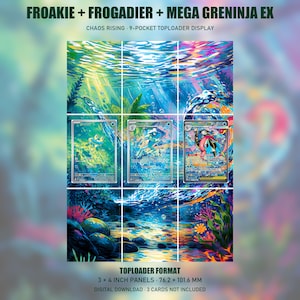 May include: A 9-pocket toploader display featuring Froakie, Frogadier, and Mega Greninja EX cards. The artwork depicts an underwater scene with vibrant blue, green, and pink colors. The display measures 3 x 4 inch panels, 76.2 x 101.6 mm.