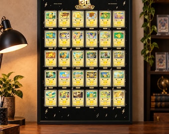 Pikachu 30e jubileumkaartdisplay, printbare poster met gouden bliksem, 30 genummerde vakjes, 50 x 70 cm & 20 x 28 inch (Pokémon PDF PNG)
