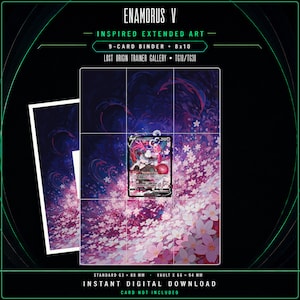 Puede incluir: Una descarga digital con arte extendido inspirado en Enamorus V para una carpeta de 9 cartas y una impresión de 8x10. El diseño muestra un fondo morado oscuro con flores de cerezo rosas y un gráfico de carta central con texto.