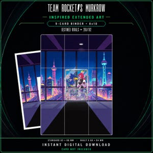Könnte beinhalten: Ein digitaler Download mit Team Rocket's Murkrow inspirierter erweiterter Kunst für einen 9-Karten-Ordner und einen 8x10-Druck. Das Design zeigt eine nächtliche Skyline mit einer zentralen Sammelkartengrafik, beschriftet mit Destined Rivals 200/182.