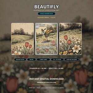 Könnte beinhalten: Ein digitales Download-Set mit von Beautifly inspiriertem Extended-Row-Art. Das Design umfasst zwei Seitenpaneele mit Blumenillustrationen von Tulpen und Narzissen, um eine Standard-Sammelkarte von 63 x 88 mm zu flankieren. Text beinhaltet BEAUTIFLY, ASCENDED HEROES und INSTANT DIGITAL DOWNLOAD.