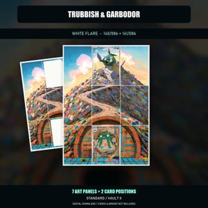 以下が含まれることがあります： Trubbish & Garbodor、White Flare 140/086 + 141/086を表示するデジタル画像。カラフルな瓦礫の山へと続く曲がりくねった道がある風景で、2つのカードスロットと7つのアートパネルが配置されています。テキスト：7 ART PANELS + 2 CARD POSITIONS。