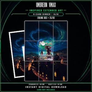 Könnte beinhalten: Ein digitaler Download mit Umbreon VMAX inspirierter erweiterter Kunst für einen 9-Karten-Ordner und 8x10-Druck. Das Design zeigt ein nächtliches Stadtbild unter einem wirbelnden blauen Himmel mit einer zentralen Umbreon VMAX-Kartengrafik. Text beinhaltet Umbreon VMAX, Evolving Skies, 215/203 sowie die Maße 63 x 88 mm und 66 x 94 mm.
