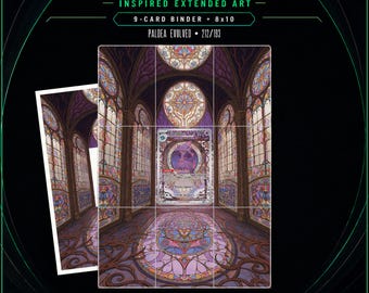 May include: A digital download featuring Mismagius inspired extended art for a 9-card binder and 8x10 print. The design displays a purple-toned stained glass cathedral interior with intricate patterns. Text includes Mismagius, Paldea Evolved, 212/193, and standard 63 x 88 mm or vault 66 x 94 mm dimensions.