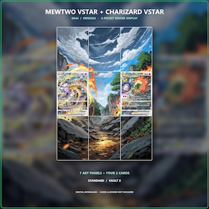 May include: A 9-pocket binder display featuring Mewtwo VSTAR and Charizard VSTAR cards. The display includes 7 art panels that form a continuous landscape scene with rocky terrain, trees, and a cloudy sky. Text reads: MEWTWO VSTAR + CHARIZARD VSTAR, GG44 / SWSH262, 7 ART PANELS + YOUR 2 CARDS, STANDARD / VAULT X, DIGITAL DOWNLOAD.