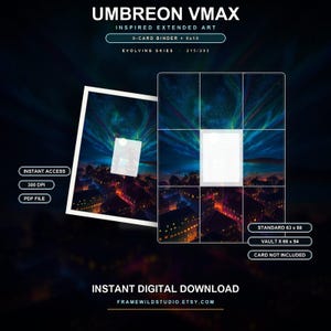 Könnte beinhalten: Umbreon VMAX inspiriertes Extended Art für 9-Karten-Ordner und 8x10 Druck. Nächtliche Stadtlandschaft unter einem Polarlicht. Text: Evolving Skies 215/203, Instant Access, 300 DPI, PDF File, Standard 63 x 88, Vault X 66 x 94, Card Not Included.