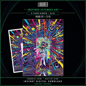 May include: A digital download featuring Loudred inspired extended art for a 9-card binder and 8x10 print. The graphic displays a vibrant, multi-coloured explosion of sound waves, speakers, and lightning bolts on a black background, with text.