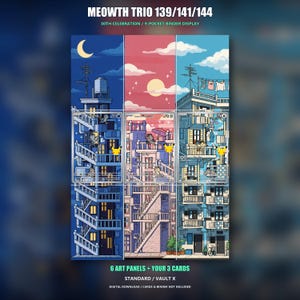 May include: A Meowth Trio 139/141/144 30th Celebration 9-pocket binder display featuring three vertical art panels depicting city buildings at night, sunset, and day. The panels show Meowth characters on balconies and fire escapes. Includes 6 art panels and 3 cards.