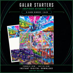 Puede incluir: Un conjunto de descarga digital con arte extendido inspirado en los iniciales de Galar para una carpeta de 9 cartas y una impresión de 8x10. La obra muestra paisajes coloridos con los personajes Grookey, Scorbunny y Sobble. El texto incluye Galar Starters, Mega Evolution Promos y dimensiones.