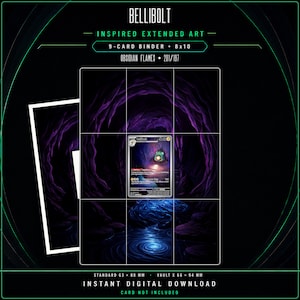 May include: A digital download featuring Bellibolt inspired extended art for a 9-card binder and 8x10 print. The design displays a dark cave with purple rock formations and a blue glowing pool, with text including Bellibolt, Obsidian Flames, and 201/197.