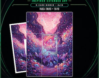 May include: A digital download for a 9-card binder and 8x10 print featuring Tinkatink inspired extended art from Paldea Evolved 216/193. The artwork displays a vibrant, surreal landscape with pink, purple, and blue hues, crystalline structures, and small creatures. Includes standard 63 x 88 mm and vault 66 x 94 mm sizing text.