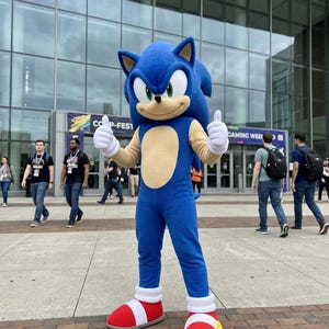 Op de afbeelding: Een volledig Sonic the Hedgehog-mascottekostuum met felblauwe vacht, een beige borststuk, witte handschoenen en grote rode schoenen met witte bandjes. Het personage heeft grote groene ogen, puntige oren en steekt beide duimen omhoog.