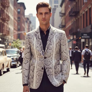 Men's Snakeskin Leather Jacket: Handmade Gold Python Pattern, Slim Fit