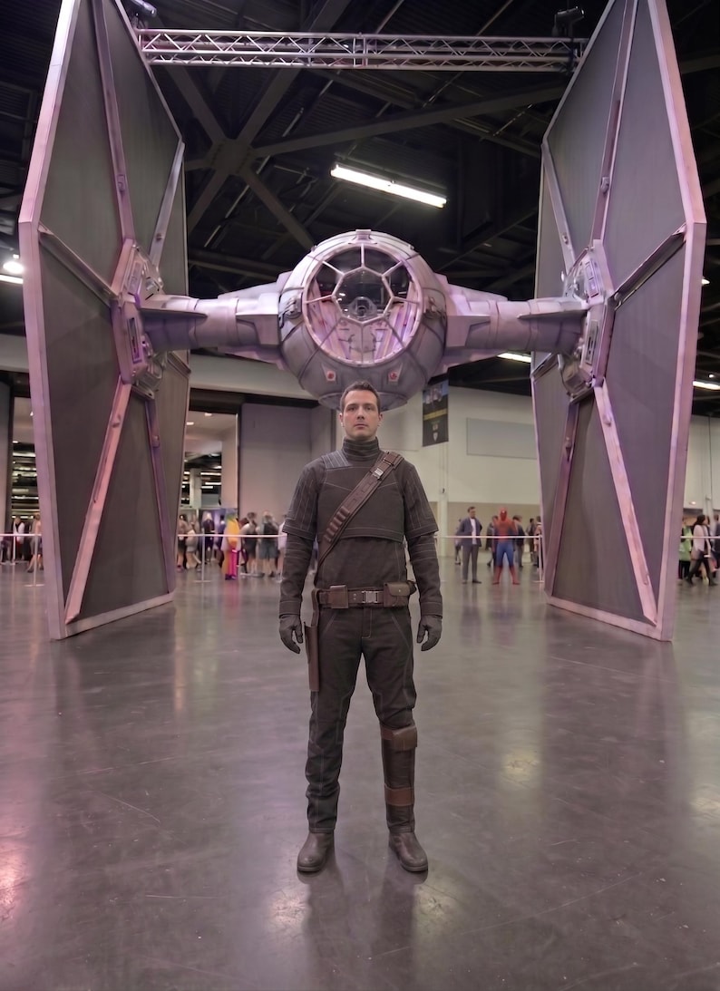 May include: A person in a dark gray costume stands in front of a large model of a TIE fighter. The model is gray and black with large solar panels. The person is wearing a dark gray uniform with gloves and boots.
