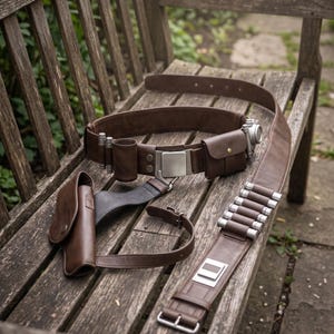 May include: A brown leather utility belt with multiple pouches, holders, and a silver buckle. The belt includes a holster, a cartridge belt, and a small pouch. The items are arranged on a wooden bench.