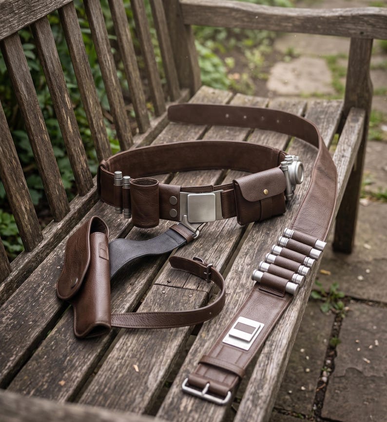 May include: A brown leather utility belt with multiple pouches, holders, and a silver buckle. The belt includes a holster, a cartridge belt, and a small pouch. The items are arranged on a wooden bench.